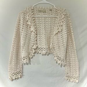 Lord & Taylor Cream Crochet Cropped Cardigan Festival Boho Cottage Knit Sweater